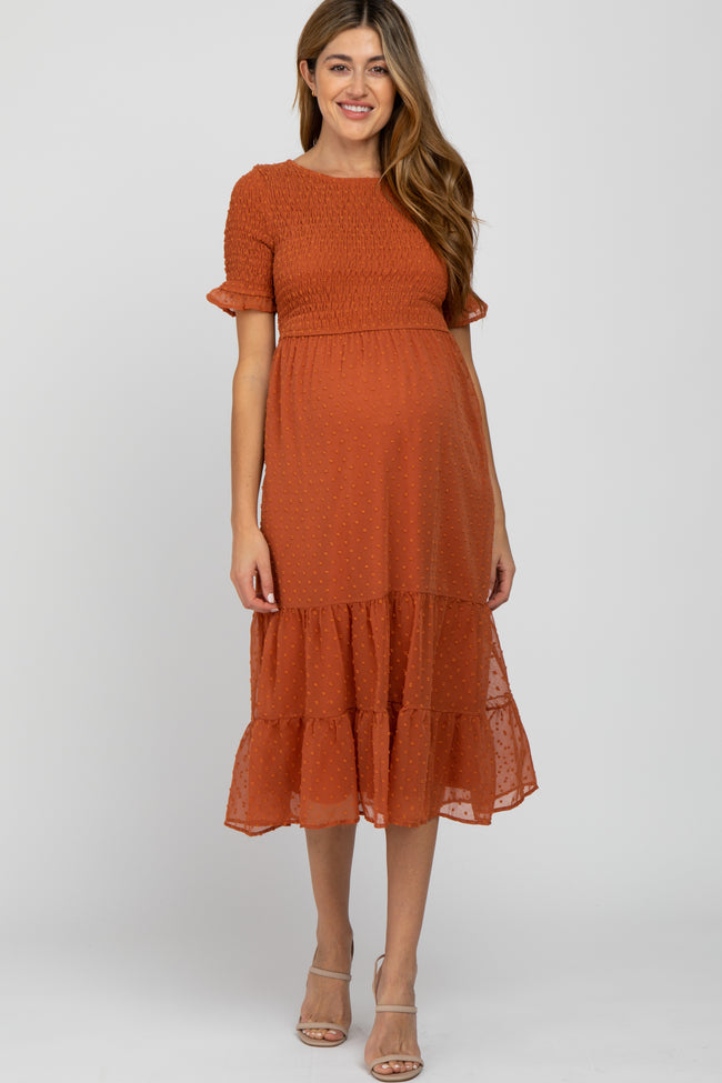 Rust Swiss Dot Smocked Maternity Midi ...